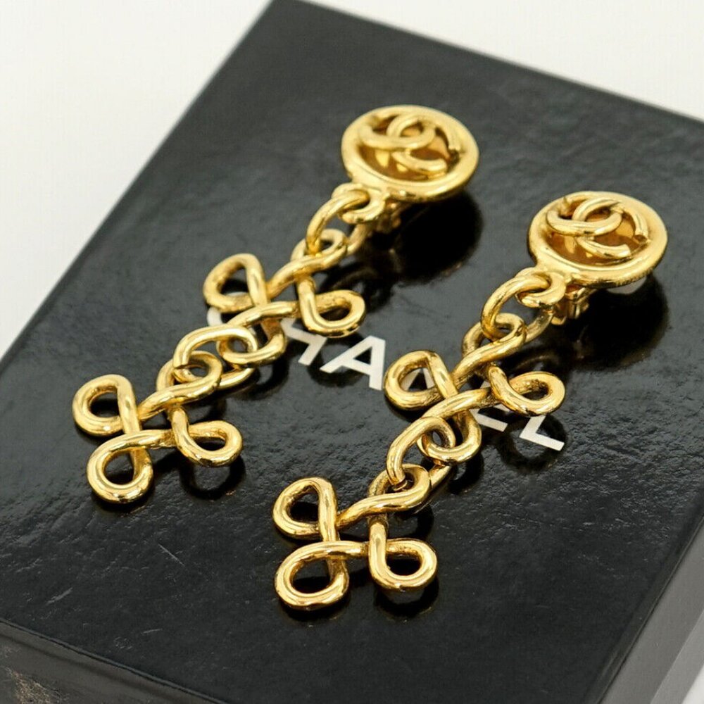 CHANEL CC Logos Cross Dangle Clip-On Earrings Gold Tone 93P Auth w/Box p10591 - Picture 2 of 6